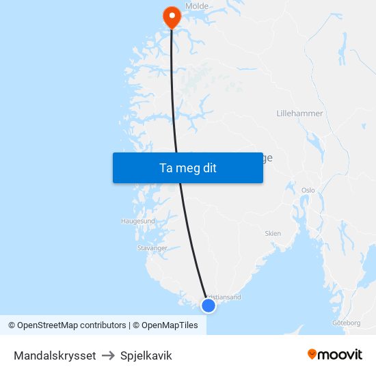 Mandalskrysset to Spjelkavik map