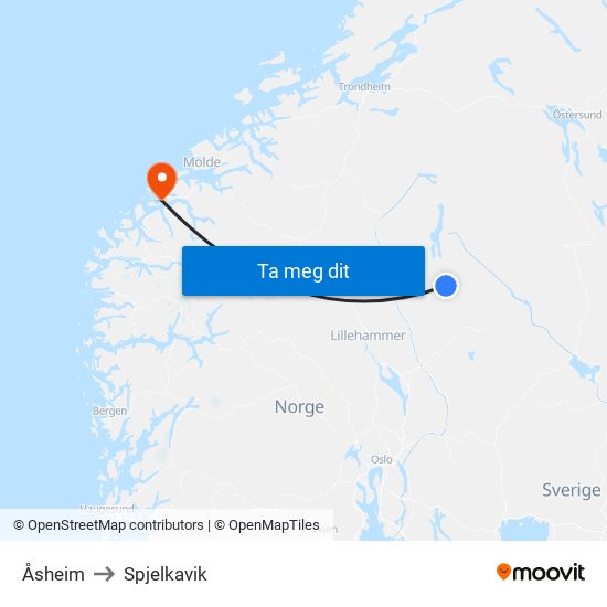 Åsheim to Spjelkavik map