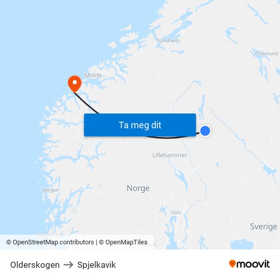 Olderskogen to Spjelkavik map