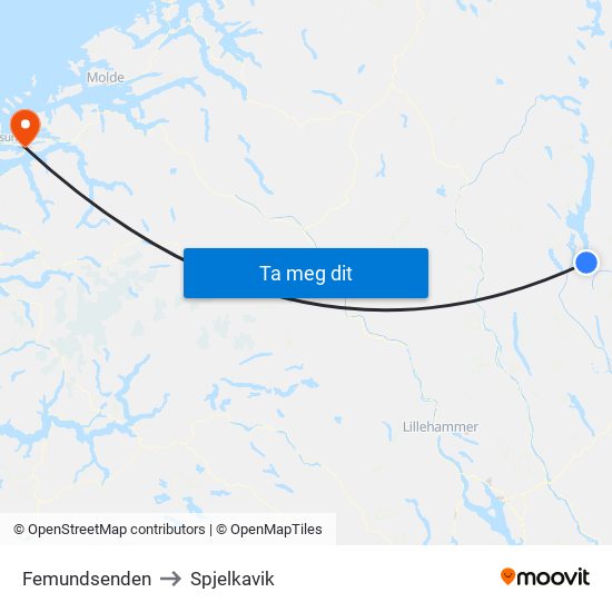 Femundsenden to Spjelkavik map