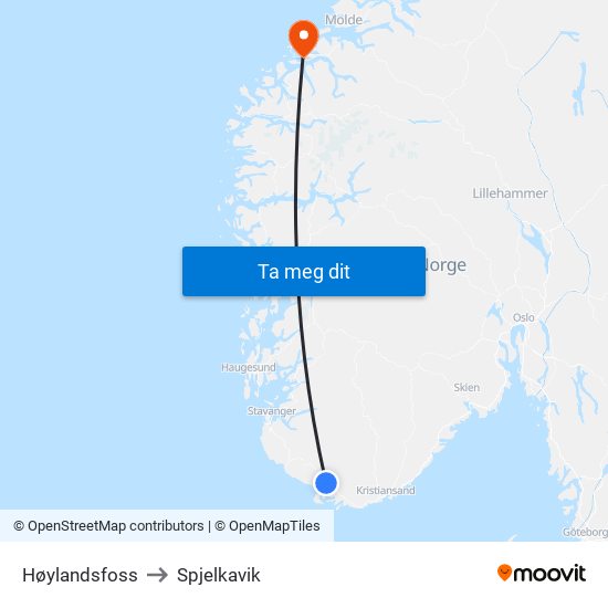 Høylandsfoss to Spjelkavik map