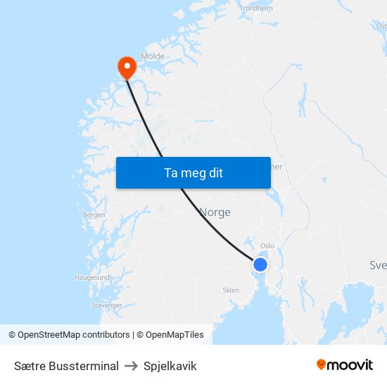 Sætre Bussterminal to Spjelkavik map