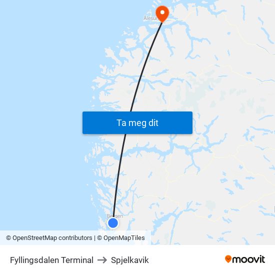 Fyllingsdalen Terminal to Spjelkavik map