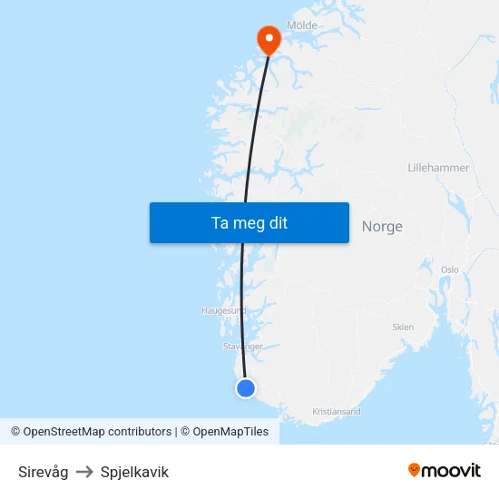 Sirevåg to Spjelkavik map
