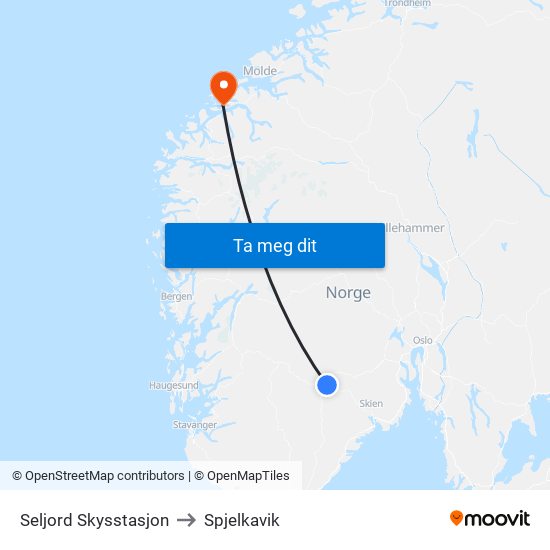 Seljord Skysstasjon to Spjelkavik map