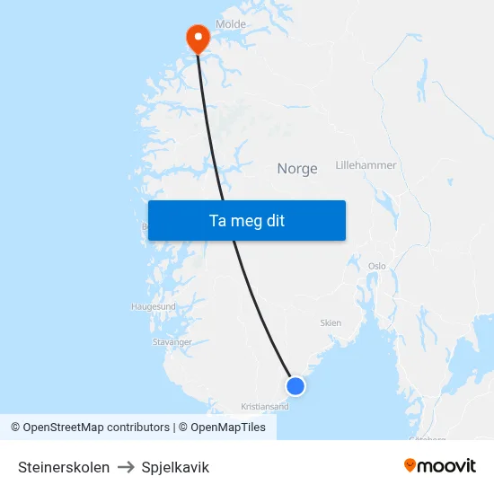Steinerskolen to Spjelkavik map