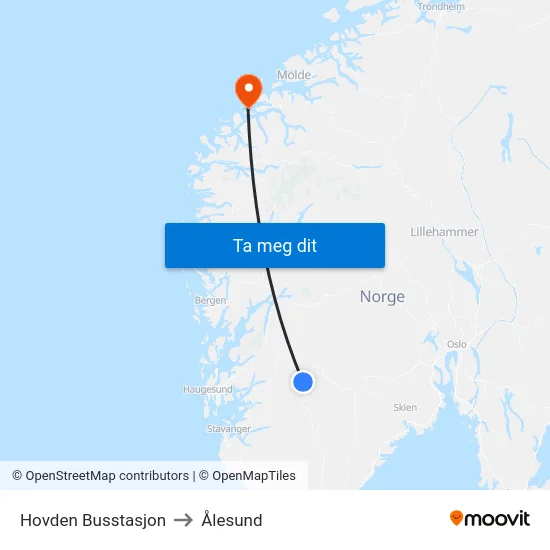 Hovden Busstasjon to Ålesund map