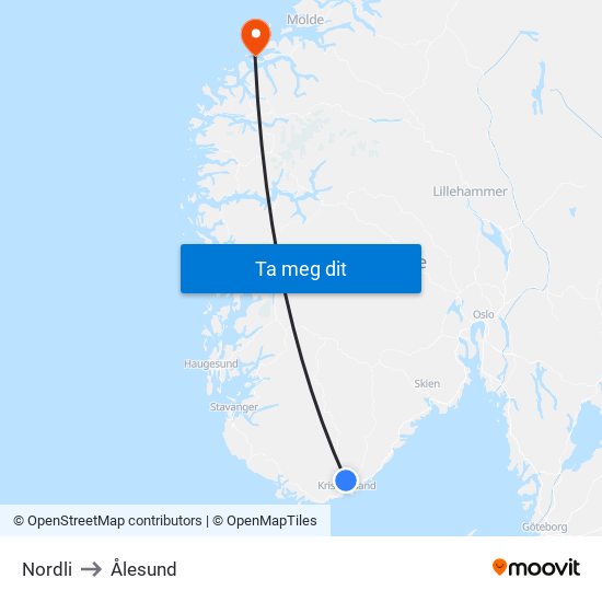 Nordli to Ålesund map
