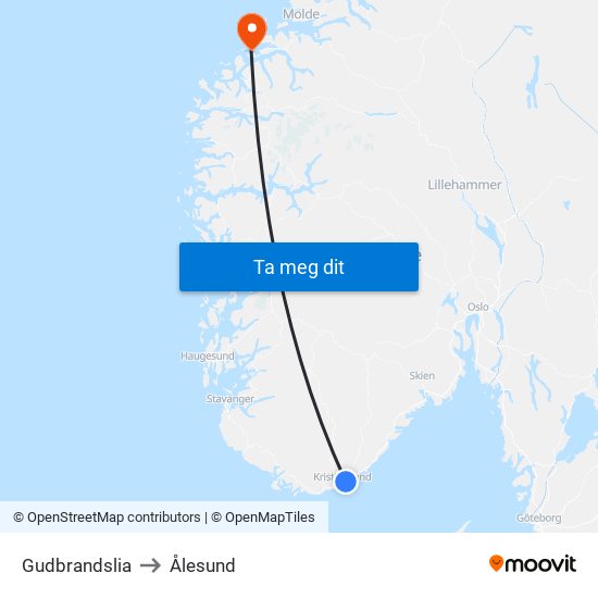 Gudbrandslia to Ålesund map