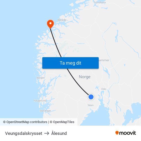 Veungsdalskrysset to Ålesund map