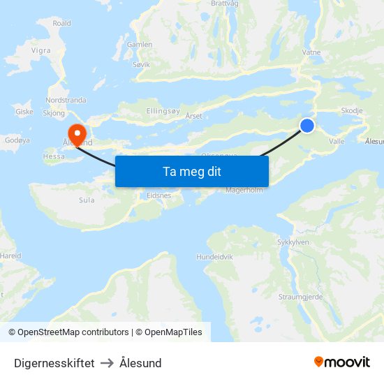 Digernesskiftet to Ålesund map