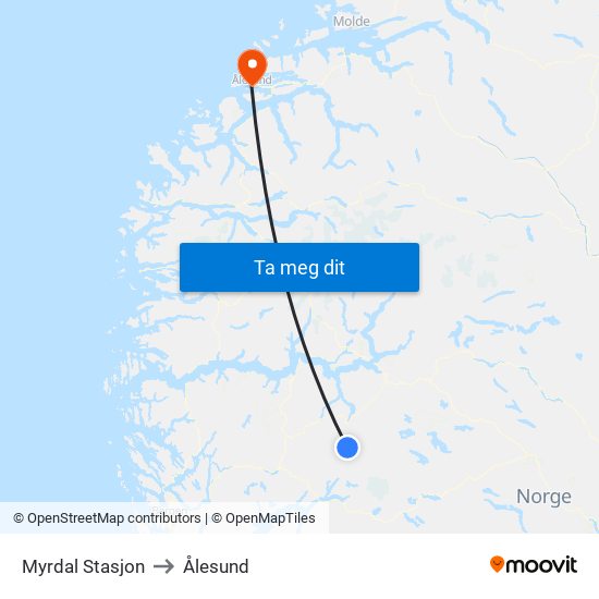 Myrdal Stasjon to Ålesund map