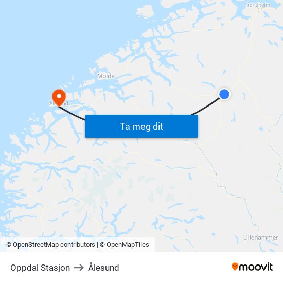 Oppdal Stasjon to Ålesund map
