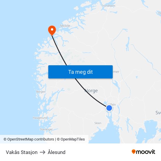 Vakås Stasjon to Ålesund map