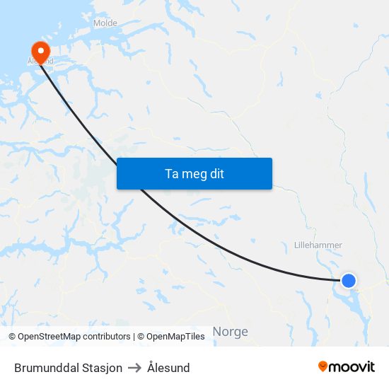 Brumunddal Stasjon to Ålesund map