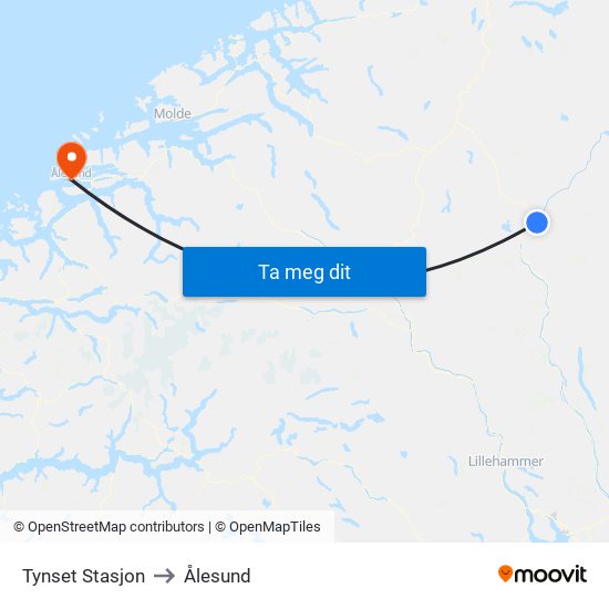 Tynset Stasjon to Ålesund map