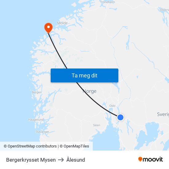 Bergerkrysset Mysen to Ålesund map