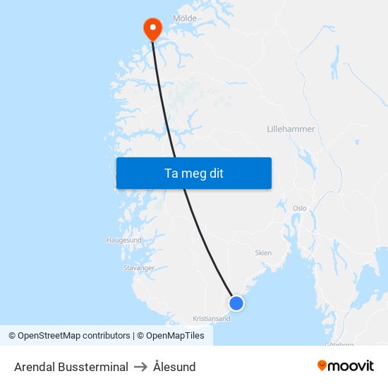 Arendal Bussterminal to Ålesund map