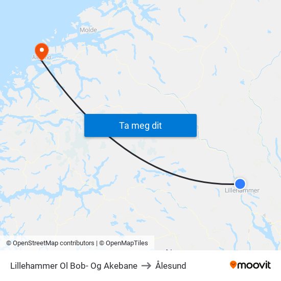 Lillehammer Ol Bob- Og Akebane to Ålesund map