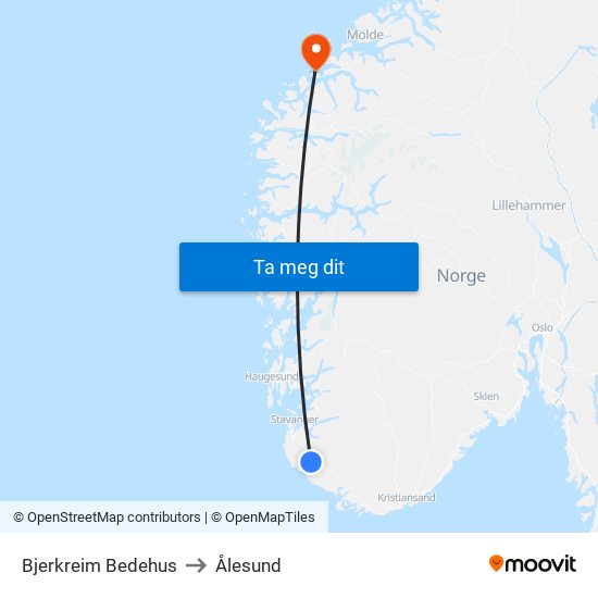 Bjerkreim Bedehus to Ålesund map