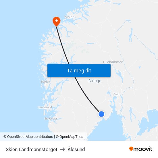 Skien Landmannstorget to Ålesund map