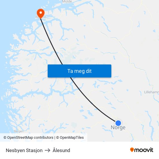 Nesbyen Stasjon to Ålesund map
