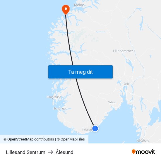 Lillesand Sentrum to Ålesund map