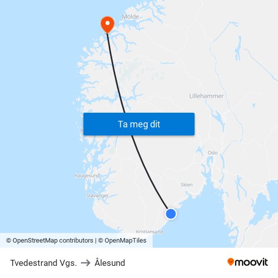 Tvedestrand Vgs. to Ålesund map