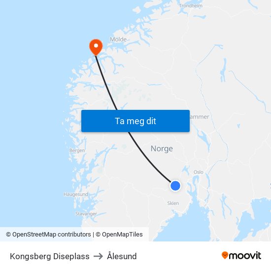 Kongsberg Diseplass to Ålesund map
