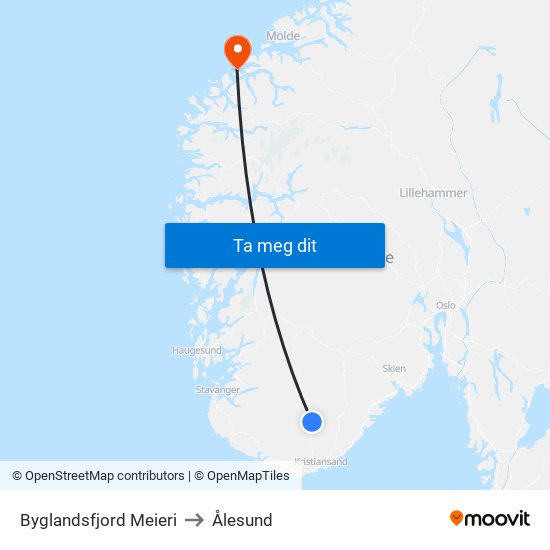 Byglandsfjord Meieri to Ålesund map