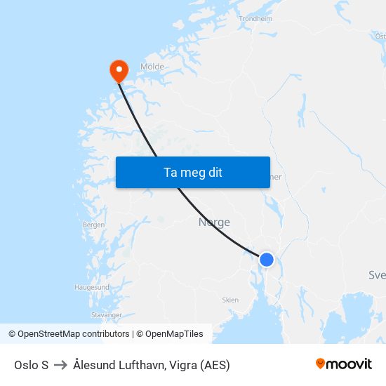 Oslo S to Ålesund Lufthavn, Vigra (AES) map
