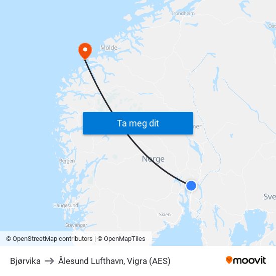 Bjørvika to Ålesund Lufthavn, Vigra (AES) map