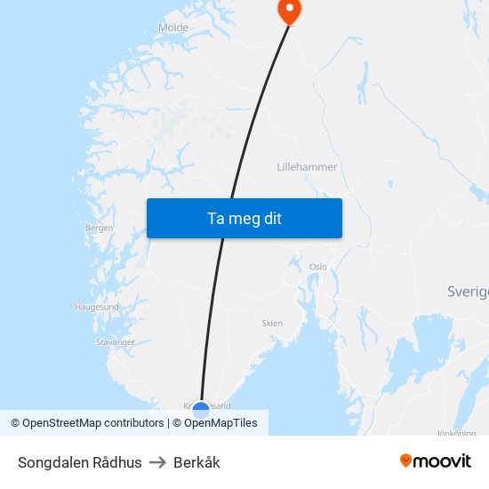 Songdalen Rådhus to Berkåk map