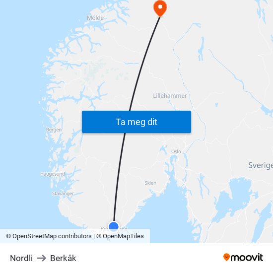 Nordli to Berkåk map