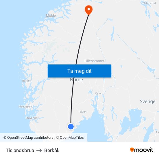 Tislandsbrua to Berkåk map