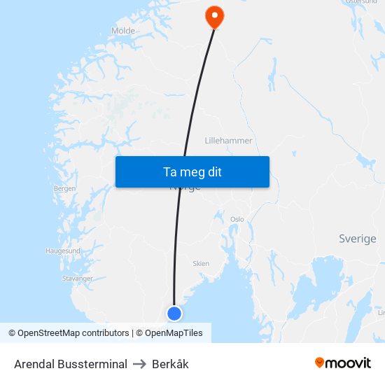 Arendal Bussterminal to Berkåk map