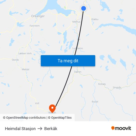 Heimdal Stasjon to Berkåk map
