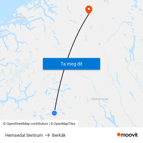 Hemsedal Sentrum to Berkåk map