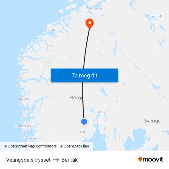 Veungsdalskrysset to Berkåk map