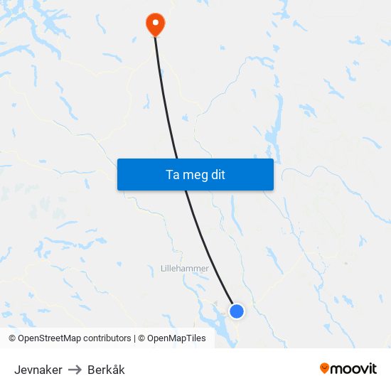Jevnaker to Berkåk map