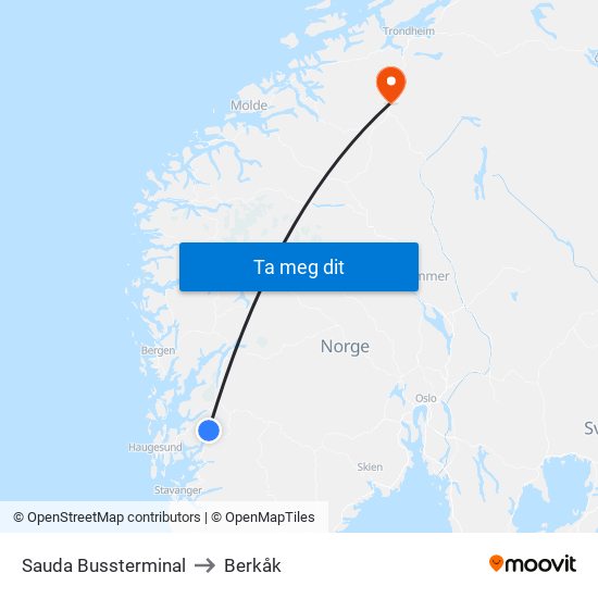 Sauda Bussterminal to Berkåk map