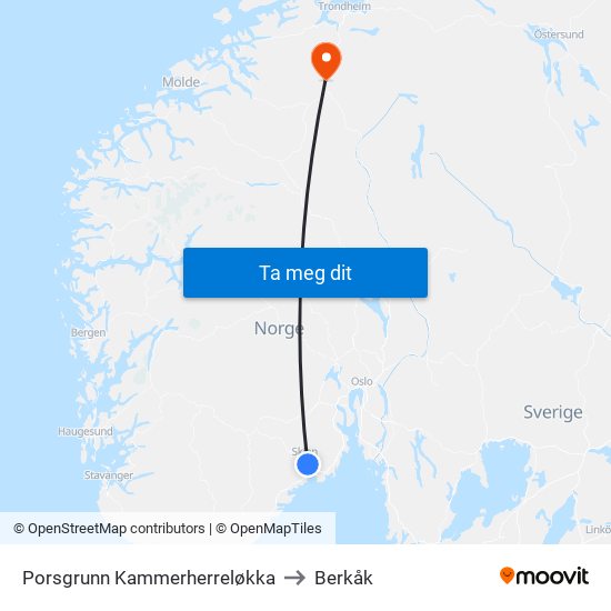 Porsgrunn Kammerherreløkka to Berkåk map