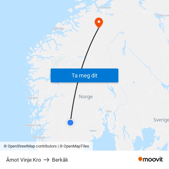 Åmot Vinje Kro to Berkåk map