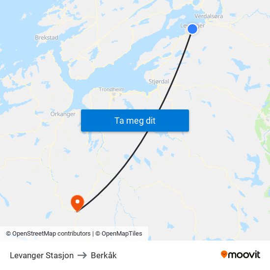 Levanger Stasjon to Berkåk map