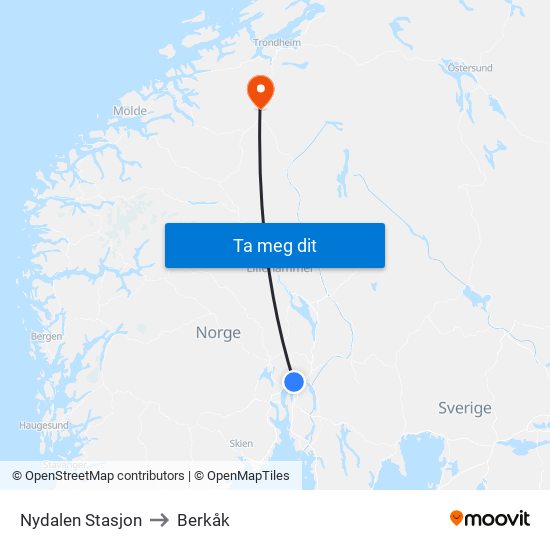 Nydalen Stasjon to Berkåk map