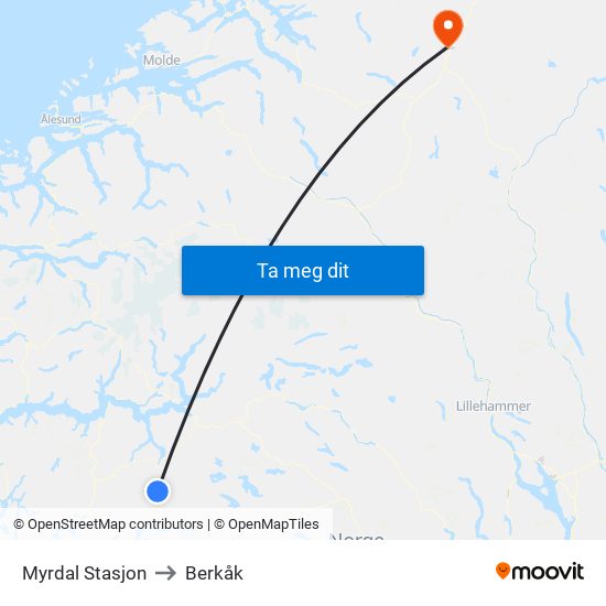 Myrdal Stasjon to Berkåk map