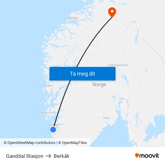Ganddal Stasjon to Berkåk map