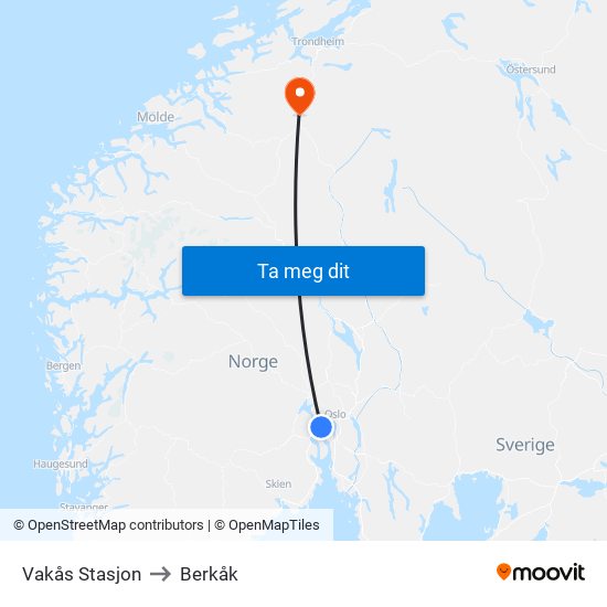 Vakås Stasjon to Berkåk map