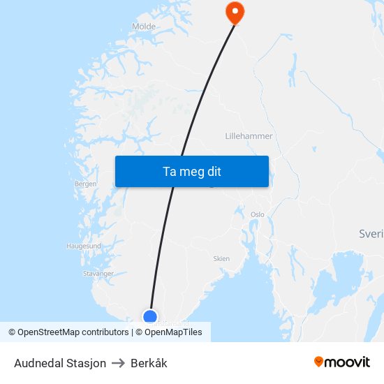 Audnedal Stasjon to Berkåk map