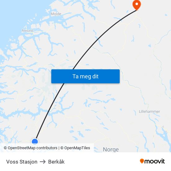 Voss Stasjon to Berkåk map